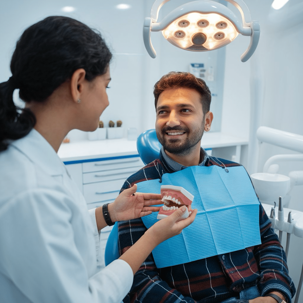 Orthodontic treatment adults discussing braces and tooth alignment with an Indian dentist