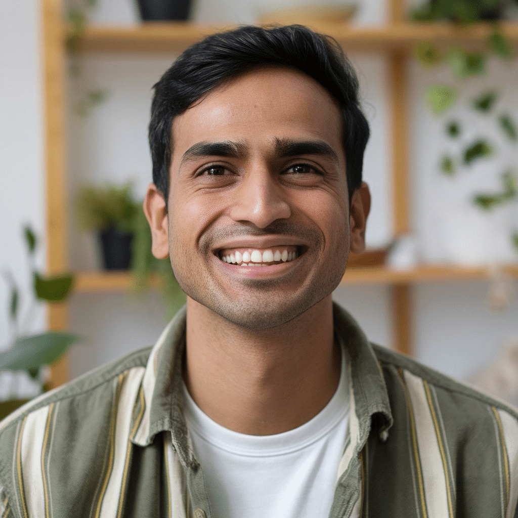 Close-up of an Indian adult with aligned teeth and healthy gums after orthodontic care, highlighting improved gum health