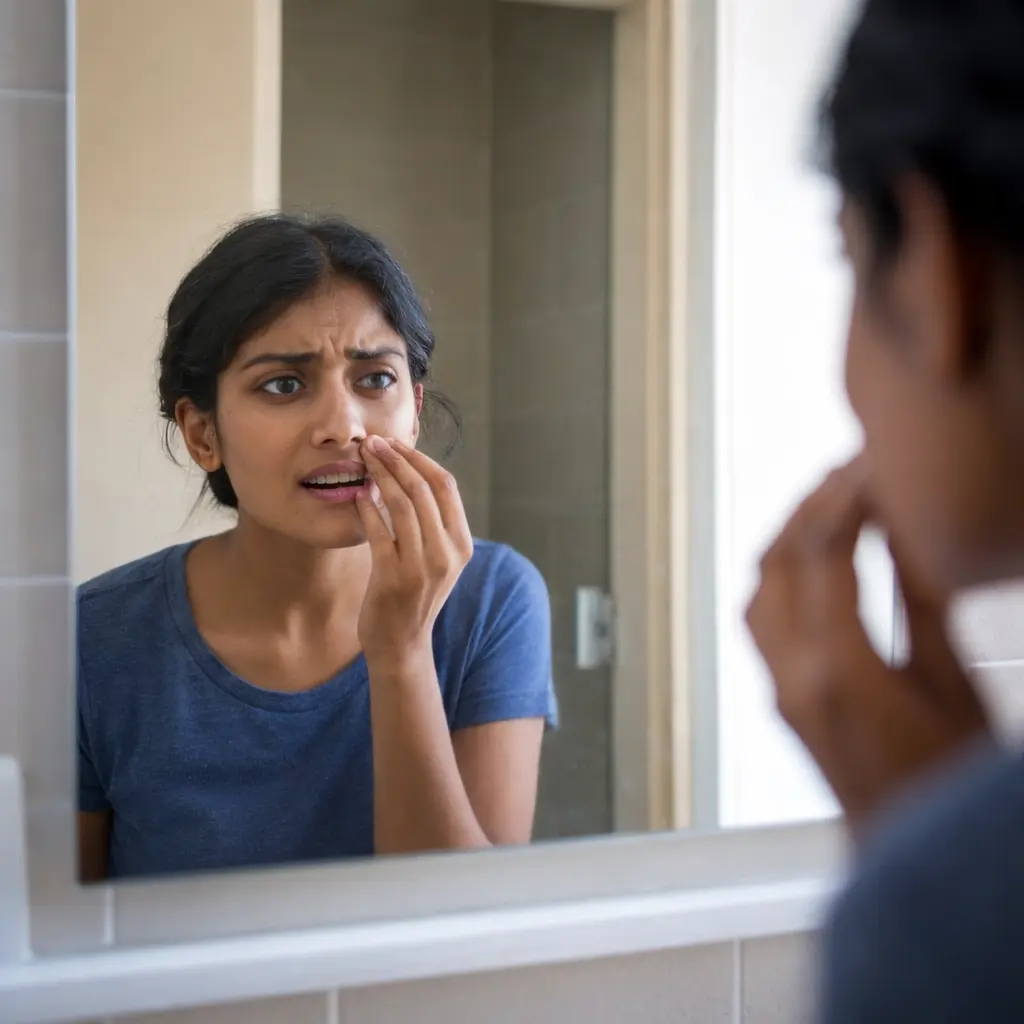 poor tooth alignment due to missing permanent teeth visible as an adult notices bite imbalance and facial concern caused by a long-standing missing tooth