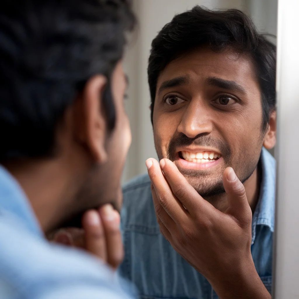 teeth shifting after permanent tooth loss illustrated by an adult closely examining uneven teeth movement in a mirror after losing a permanent tooth