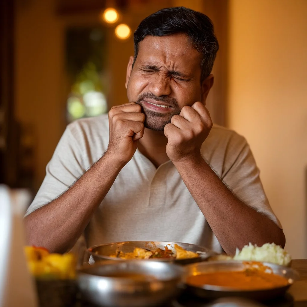 Teeth misalignment symptoms causing difficulty chewing and visible jaw discomfort during meals