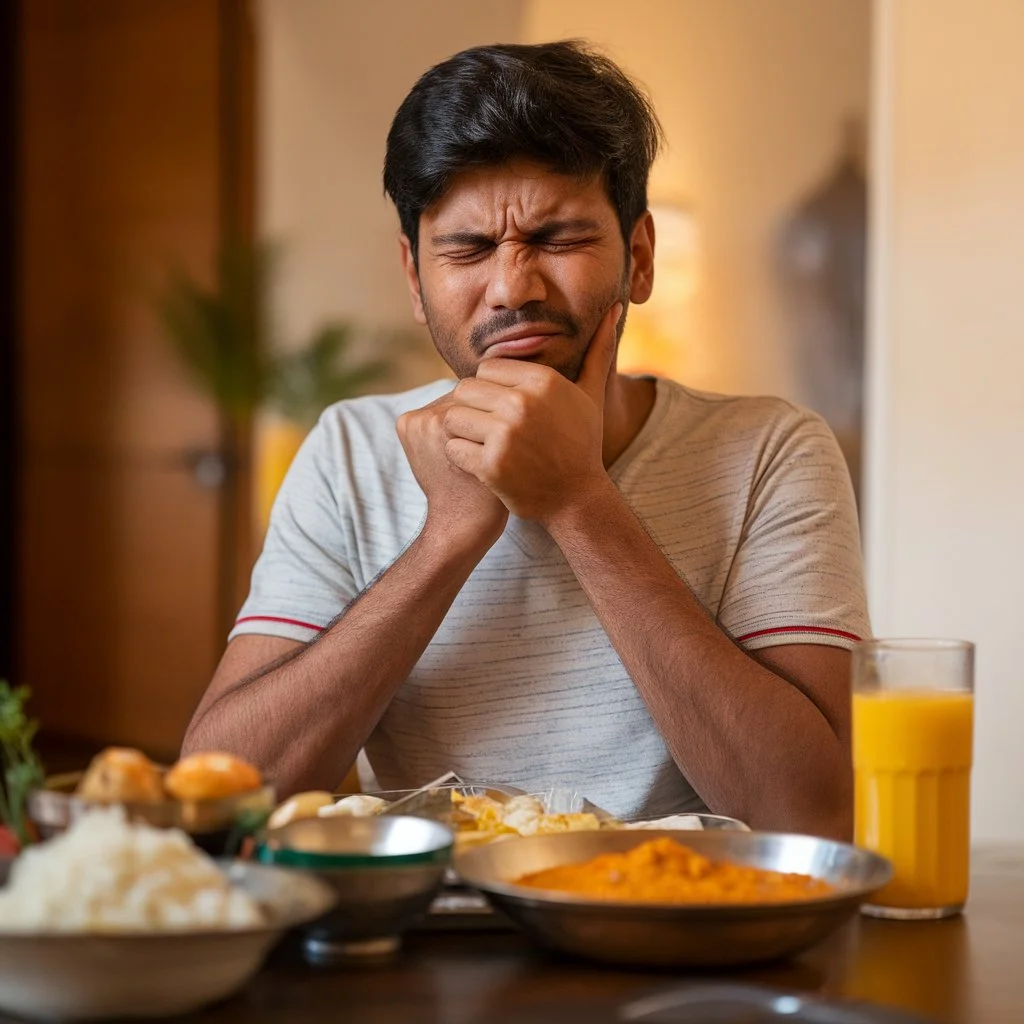 Difficulty chewing due to misaligned teeth leading to jaw discomfort and eating strain