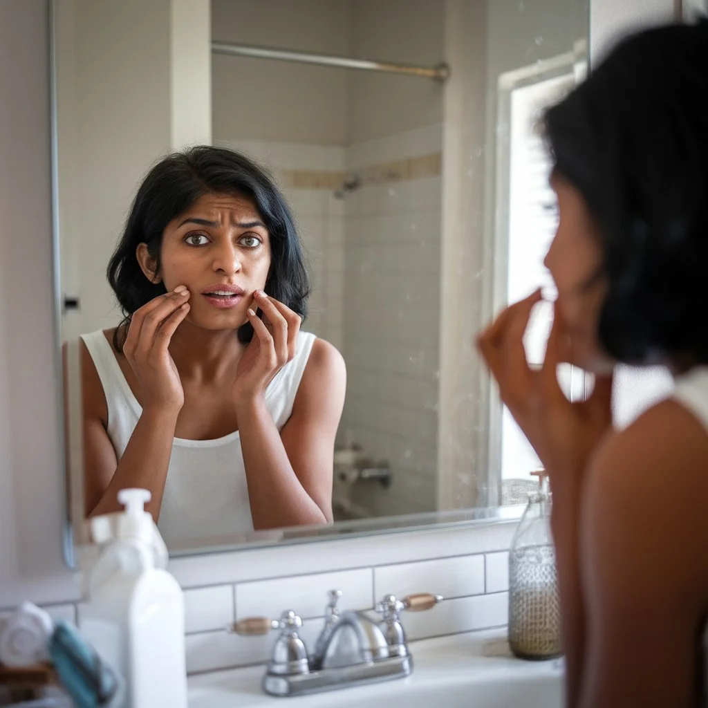 Adult tooth misalignment causes illustrated by an adult noticing uneven or shifting teeth while looking in a mirror