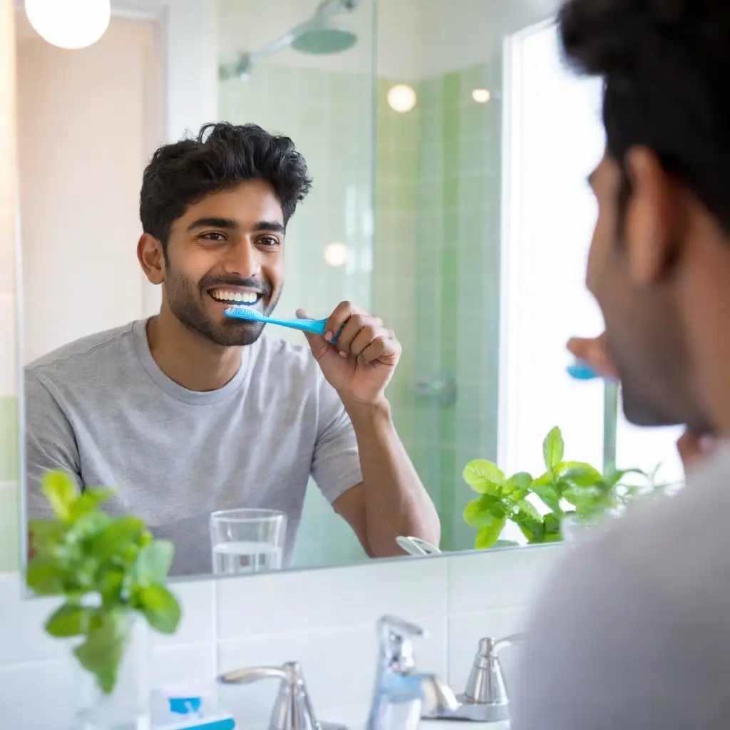 A man brushing his teeth in front of a bathroom mirror with fresh mint leaves placed nearby, illustrating how to stop bad breath naturally