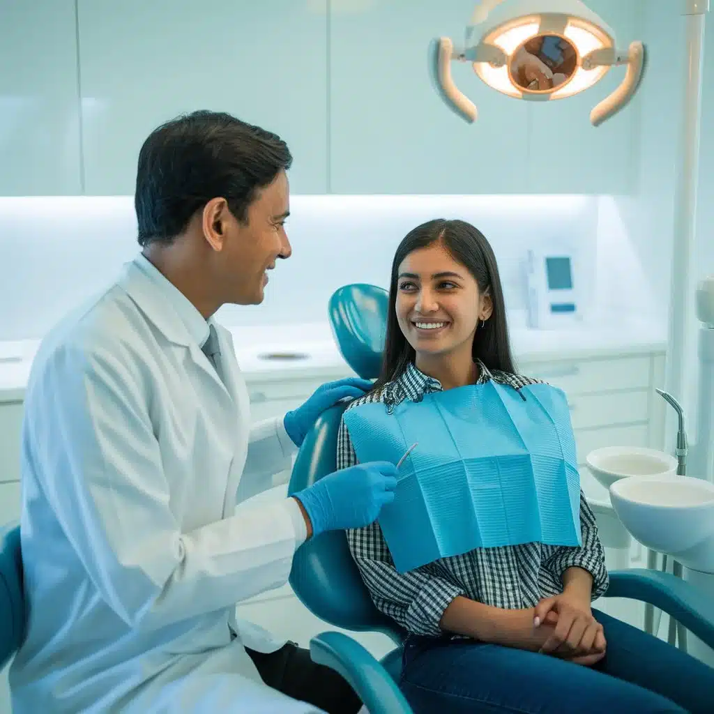The dentist explaining halitosis treatment to a female patient during a dental consultation in a modern clinic