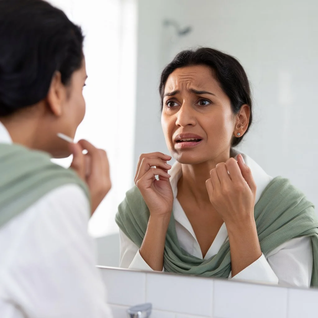 Indian woman examining her gums in mirror with worried expression, indicating pus discharge from gums as a warning sign