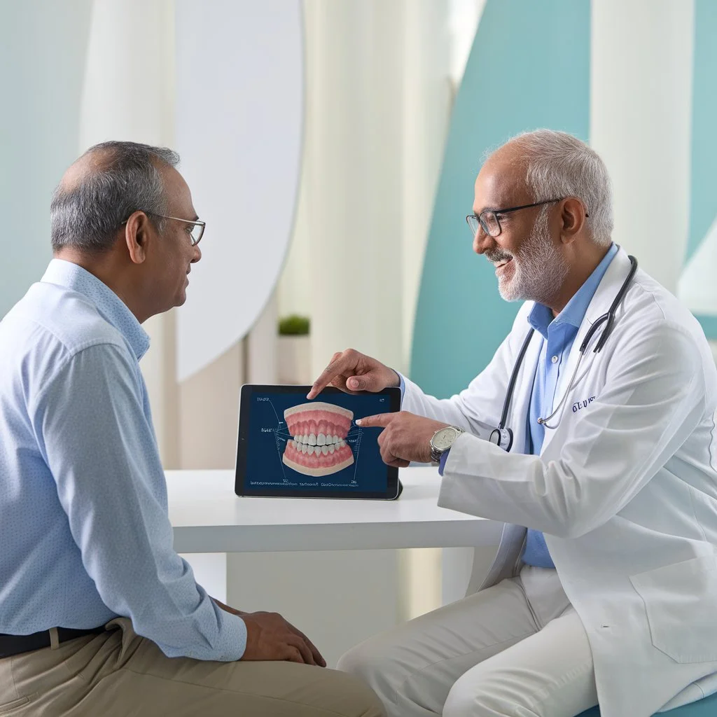 A doctor explaining dental structure on a tablet to an elderly patient during consultation about dry mouth in diabetes