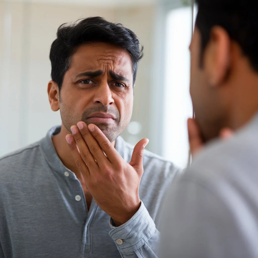 A man touching his mouth while looking in mirror, indicating stress and bleeding gums symptoms
