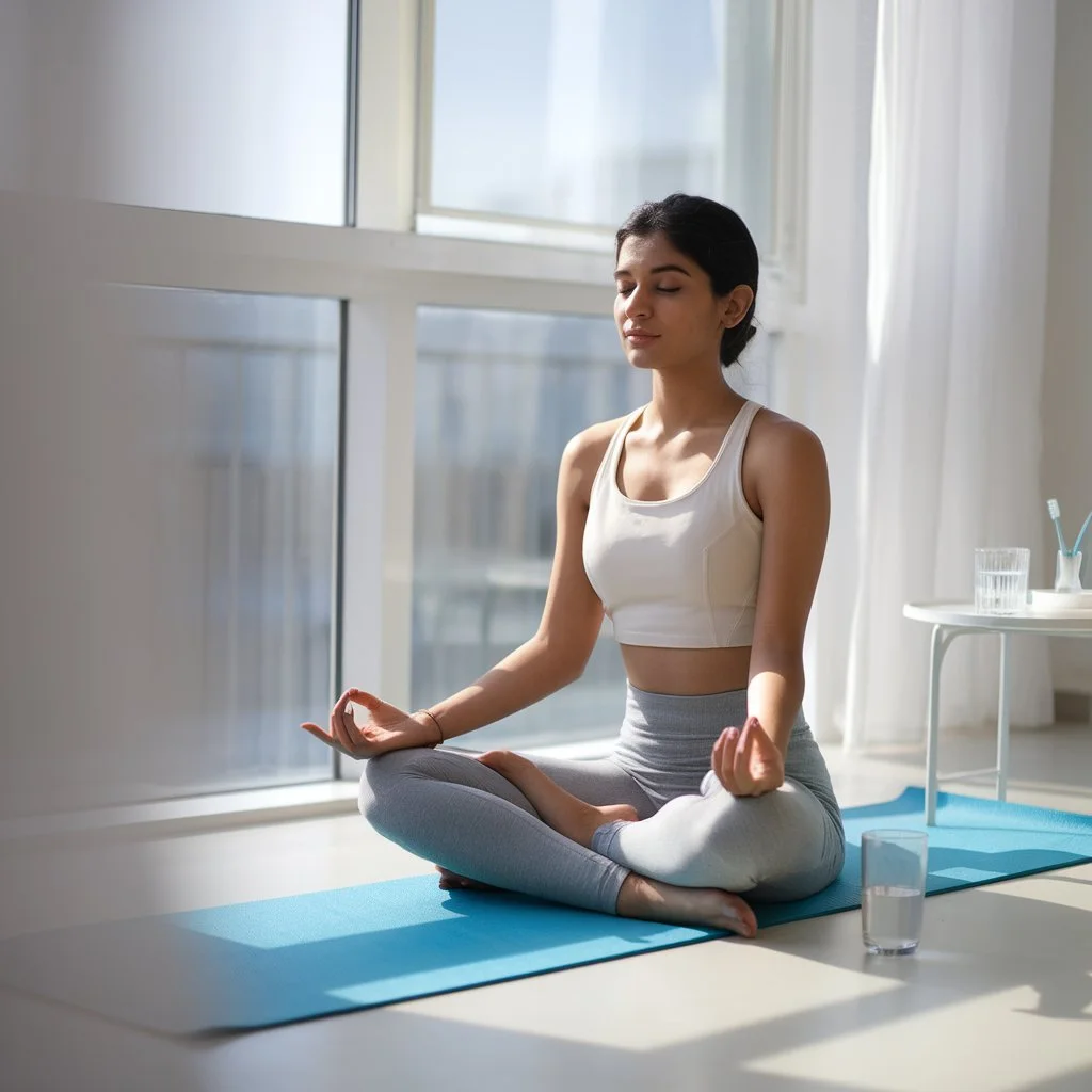 Woman practicing yoga and meditation at home to manage stress and dry mouth affecting oral health