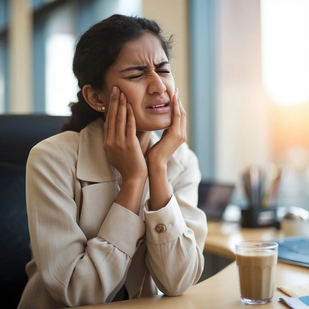 Indian woman holding her jaw in pain at office desk, indicating treatment for bruxism caused by stress-related teeth grinding