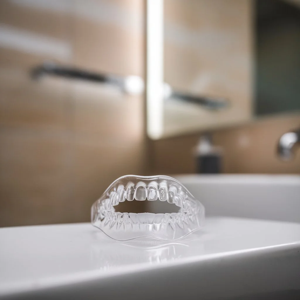 Clear mouth guard for teeth grinding placed on bathroom sink, commonly used by patients to prevent bruxism damage