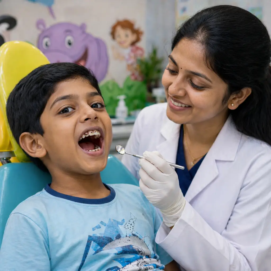 Pediatric dentist checking young boy’s teeth in a child friendly dental clinic with colorful background