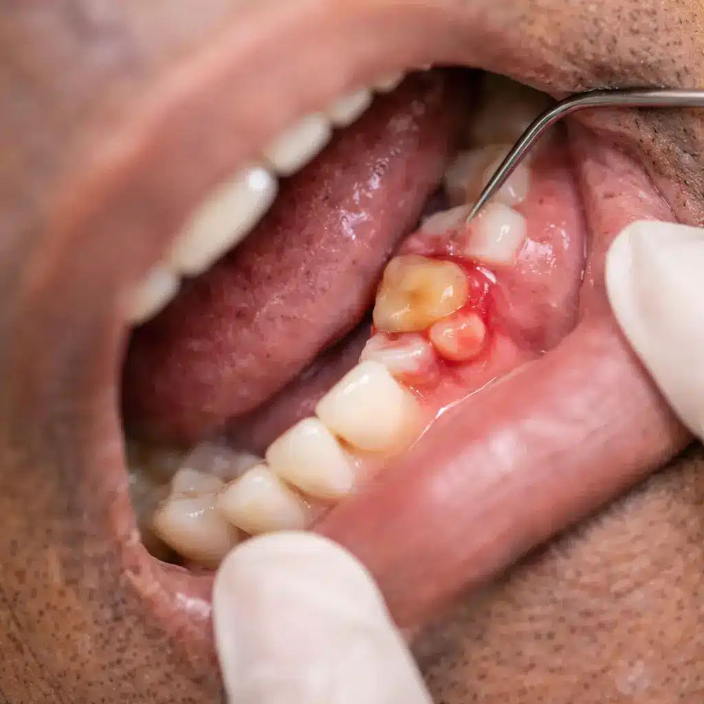 Close-up of dental abscess on gum near molar showing swelling and pus infection during dental examination