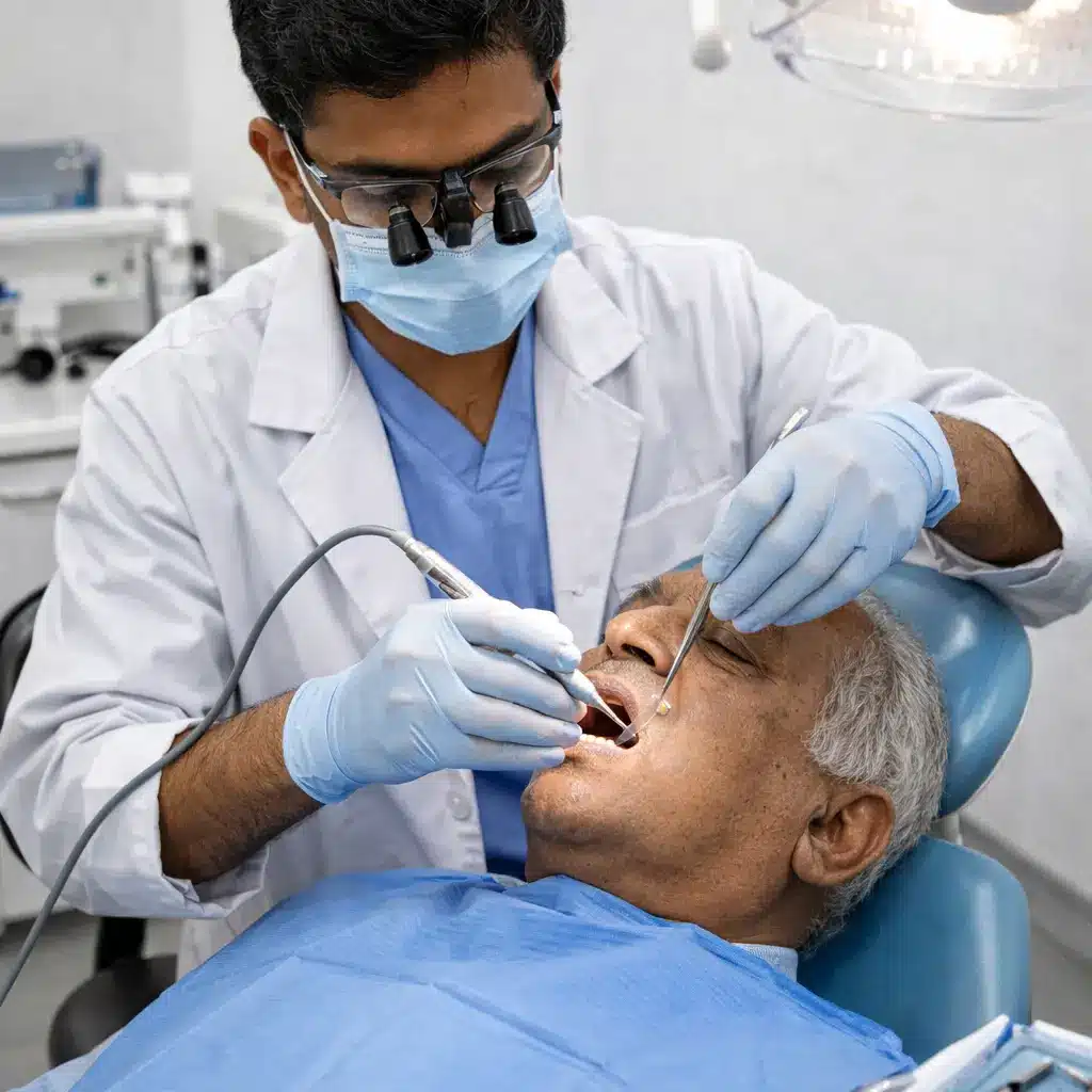 Young male dentist performing dental abscess drainage on an elderly patient in a modern Tirunelveli dental clinic