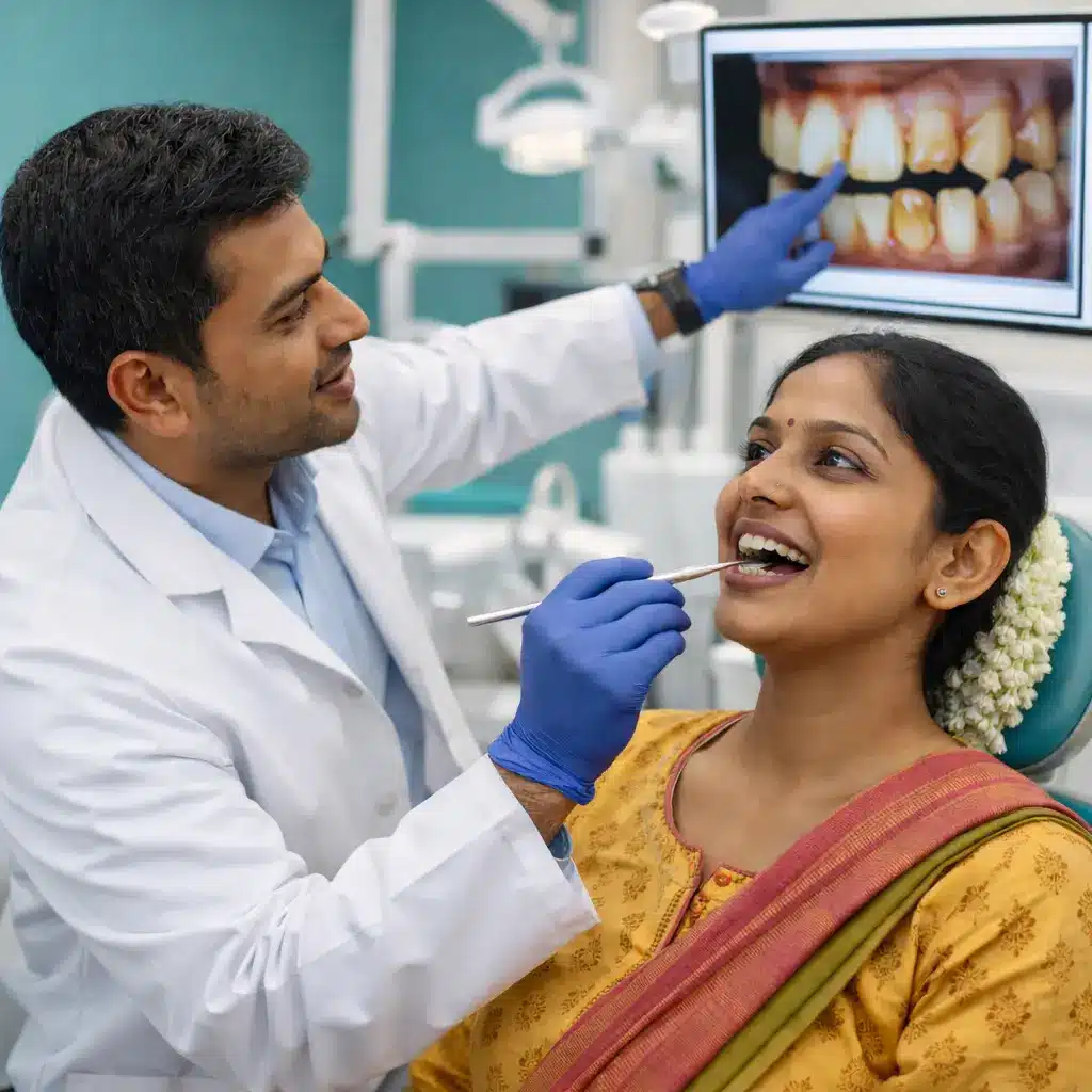Dentist examining patient’s teeth while pointing at staining on screen during check-up