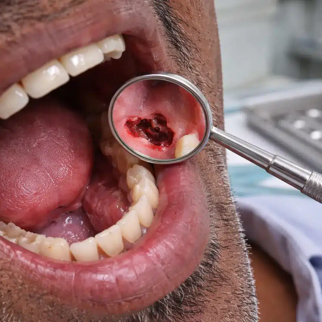 Close-up view of dry socket after tooth extraction showing exposed bone and inflamed gum