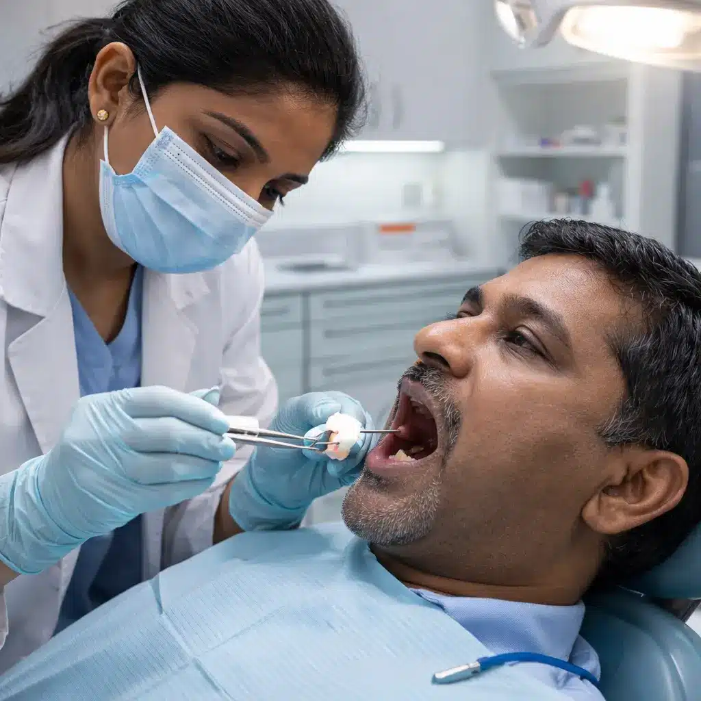 Dentist treating a patient for dry socket after tooth extraction in a Tirunelveli dental clinic