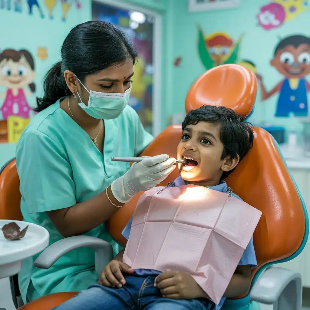 Pediatric dentist examining young child’s teeth in clinic showing importance of early dental checkup