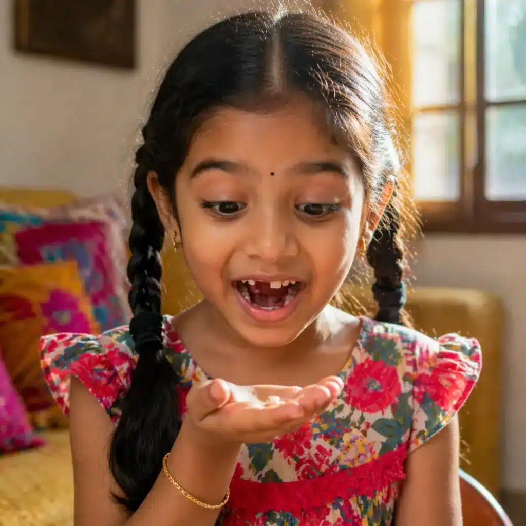Young girl with missing front tooth smiling and holding baby tooth after it fell out at home