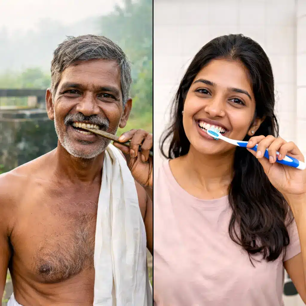 Split image showing man using neem stick for teeth cleaning and woman brushing with modern toothbrush