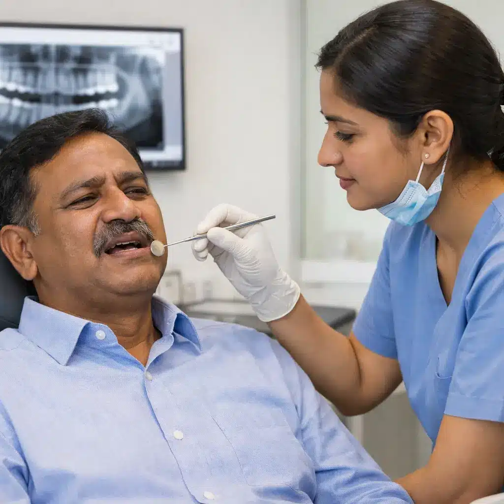 Dental assistant checking gum healing after surgery for a middle-aged South Indian man in a Tirunelveli clinic