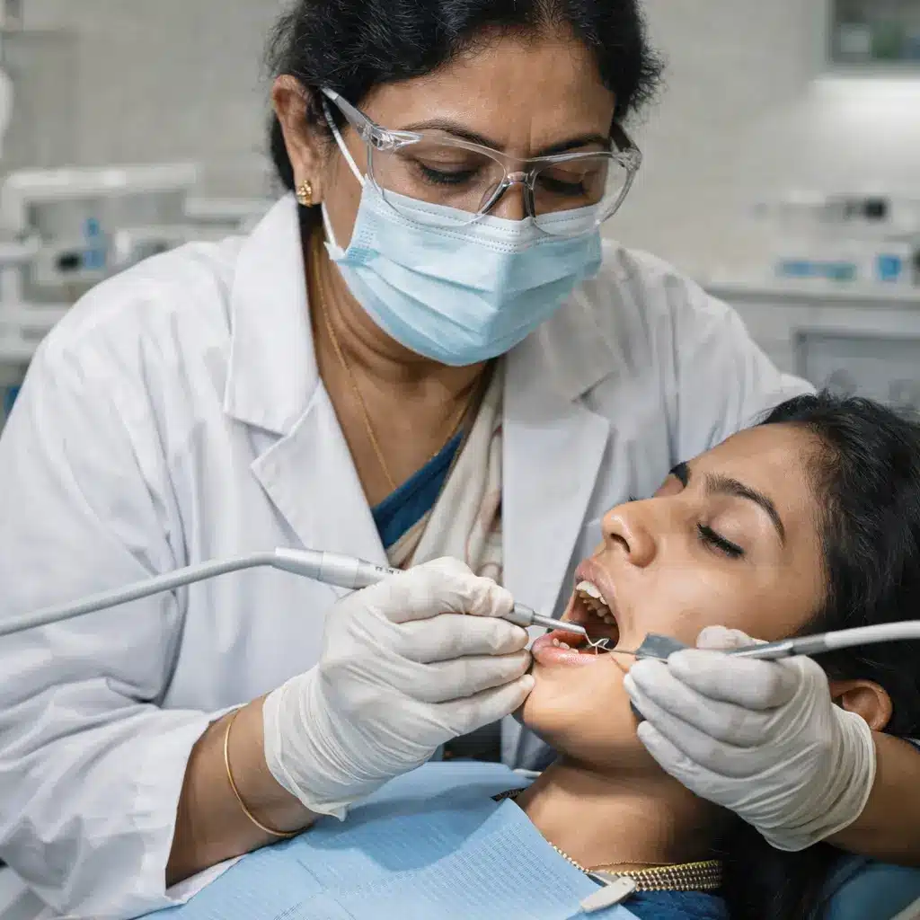 Senior dentist performing teeth scaling procedure on a young patient in a modern Tirunelveli dental clinic