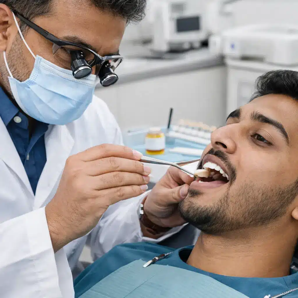 Dentist placing a dental veneer on a male patient in a modern clinic in Tirunelveli