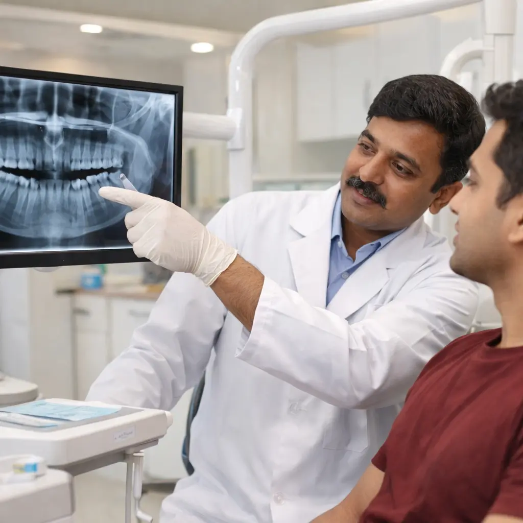 Dentist discussing wisdom tooth extraction using dental X-ray with patient at a Tirunelveli dental clinic