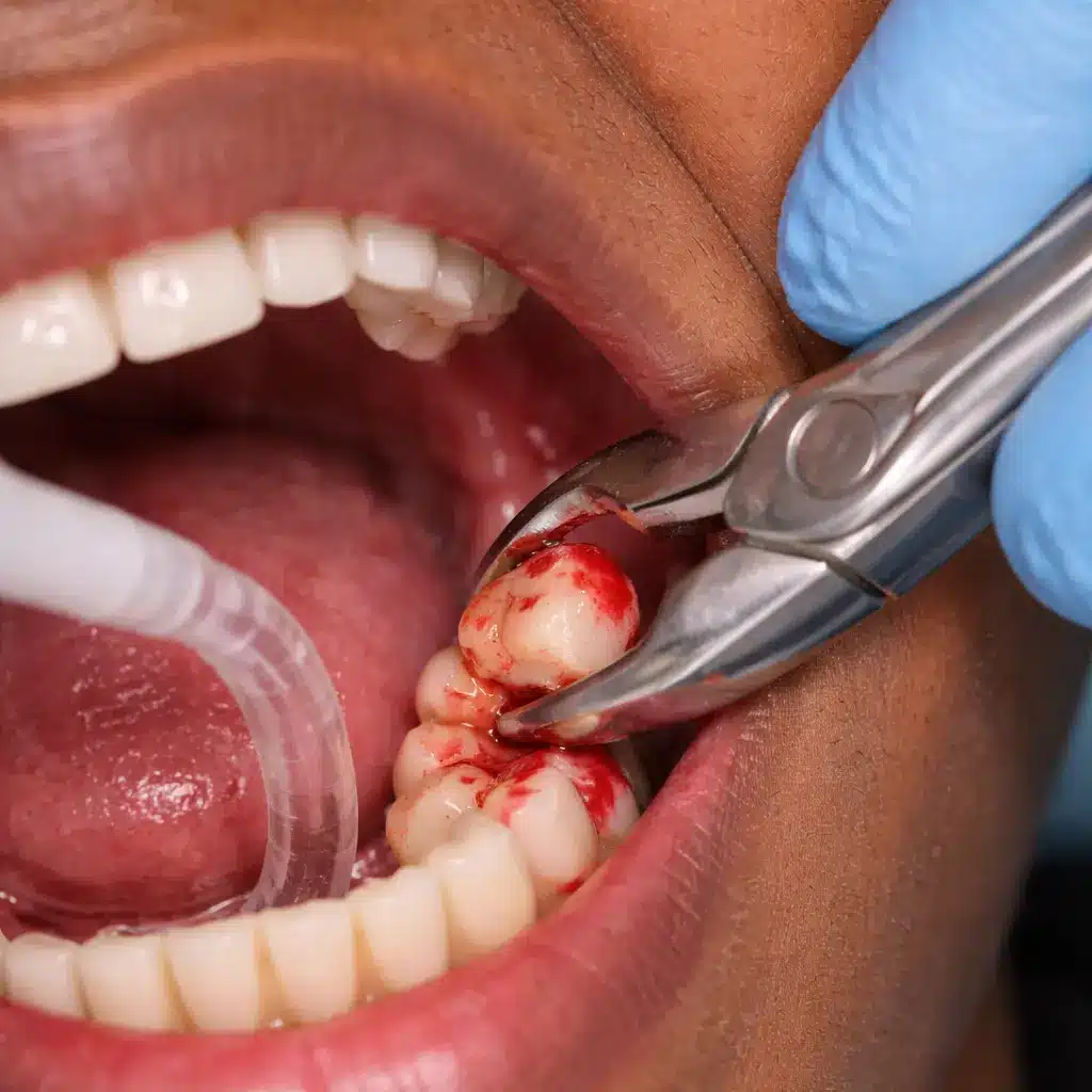 Dentist extracting an infected molar tooth with forceps, showing bleeding gum area during a dental procedure
