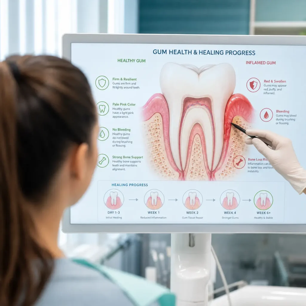 Dental patient viewing a digital gum health chart during a dental consultation showing healthy and inflamed gums with treatment progress.