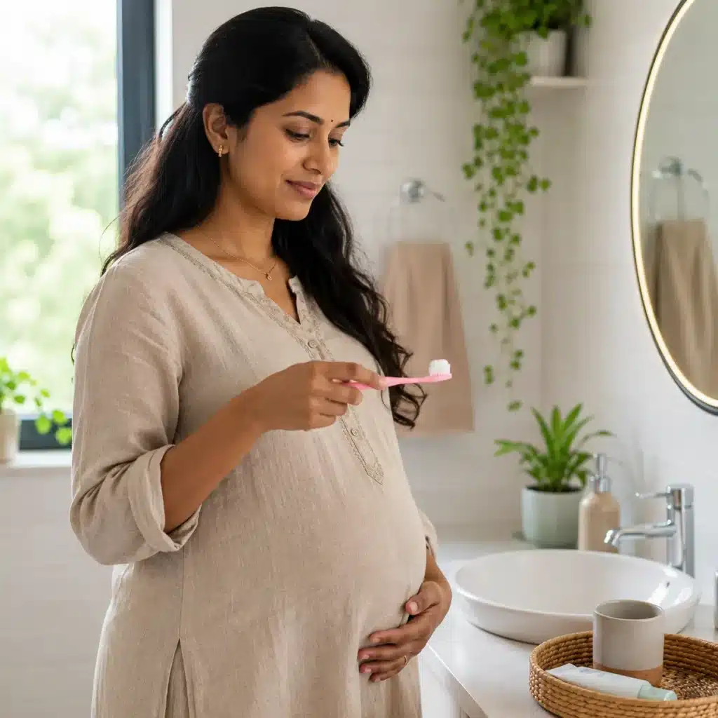 Pregnant South Indian woman holding a toothbrush in a modern bathroom while maintaining her oral hygiene during pregnancy.