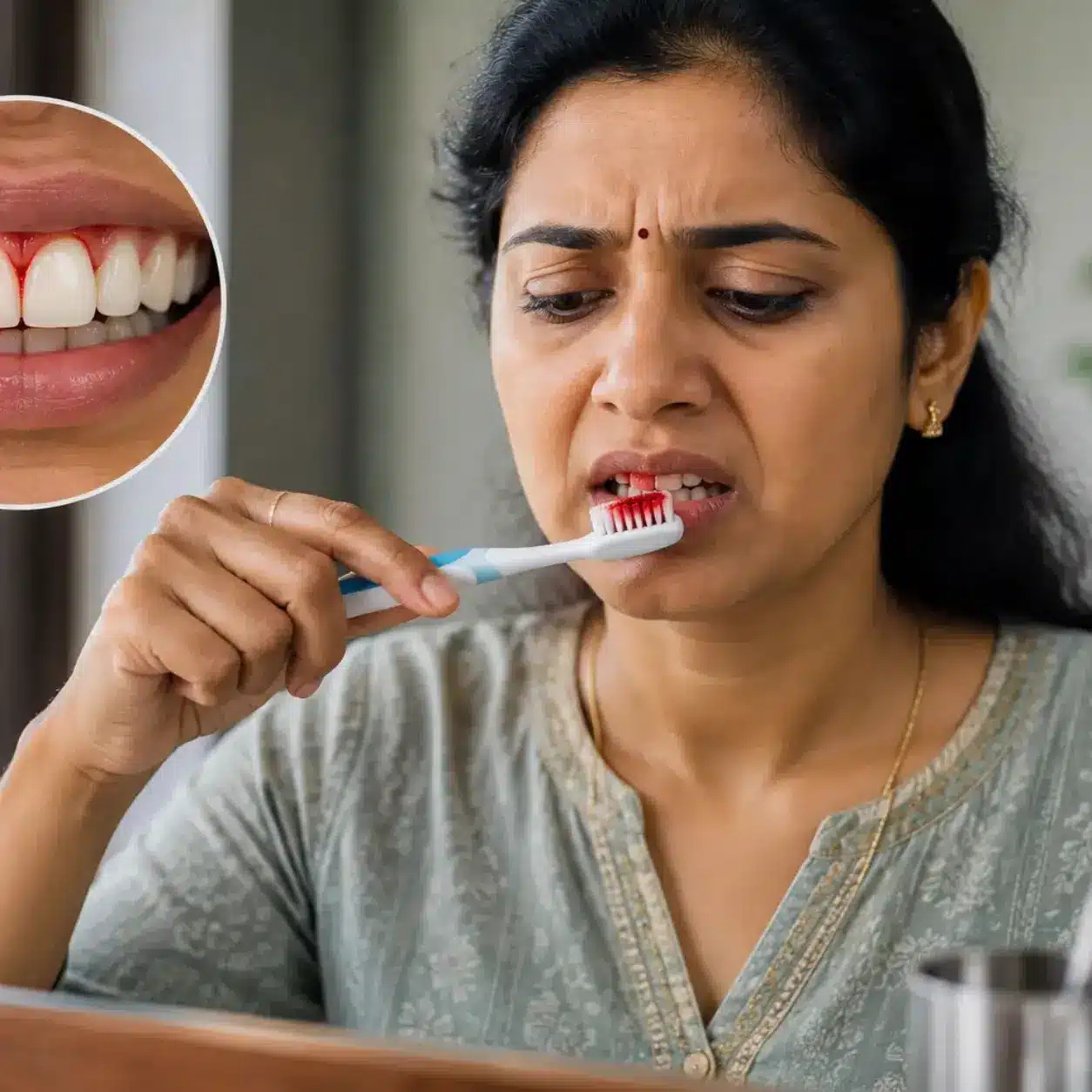 South Indian woman brushing her teeth and noticing bleeding gums while looking into a bathroom mirror at home.
