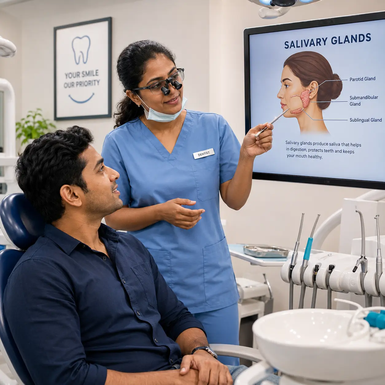 South Indian dentist explaining salivary gland function to a male patient during a dry mouth consultation in a modern dental clinic