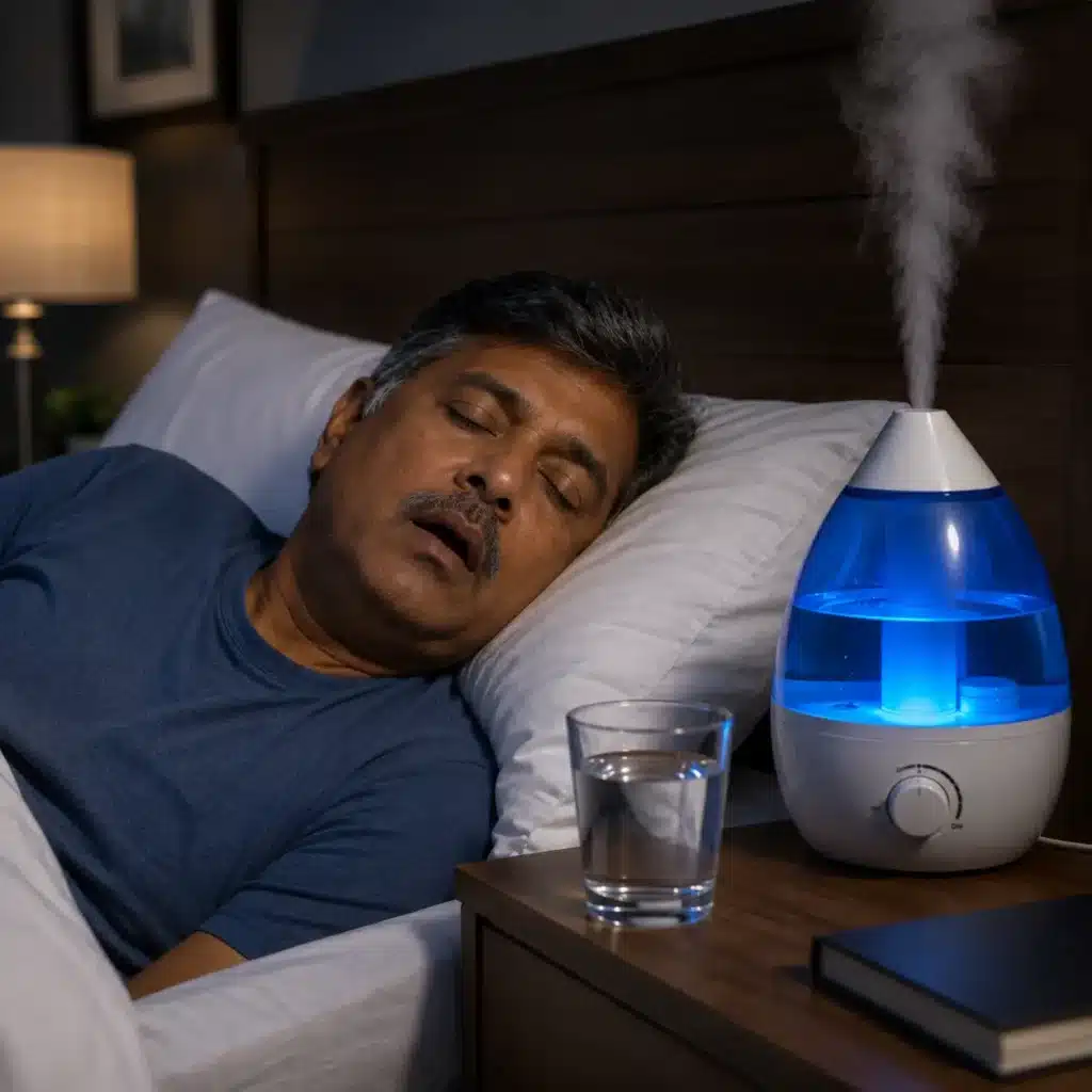 South Indian man sleeping with a humidifier and glass of water beside the bed to relieve dry mouth symptoms at night