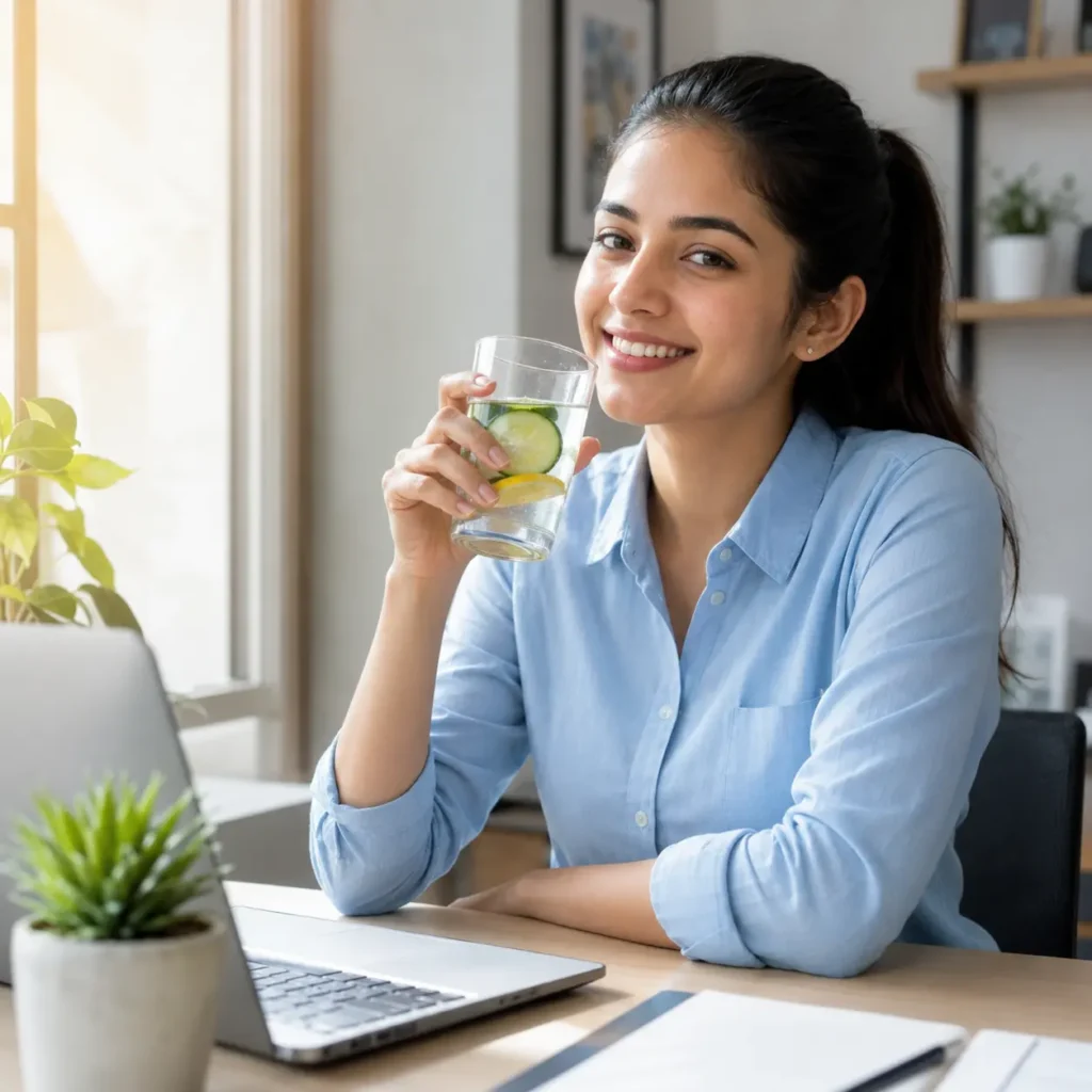 Young Indian woman drinking cucumber and lemon infused water at home to stay hydrated and prevent dry mouth