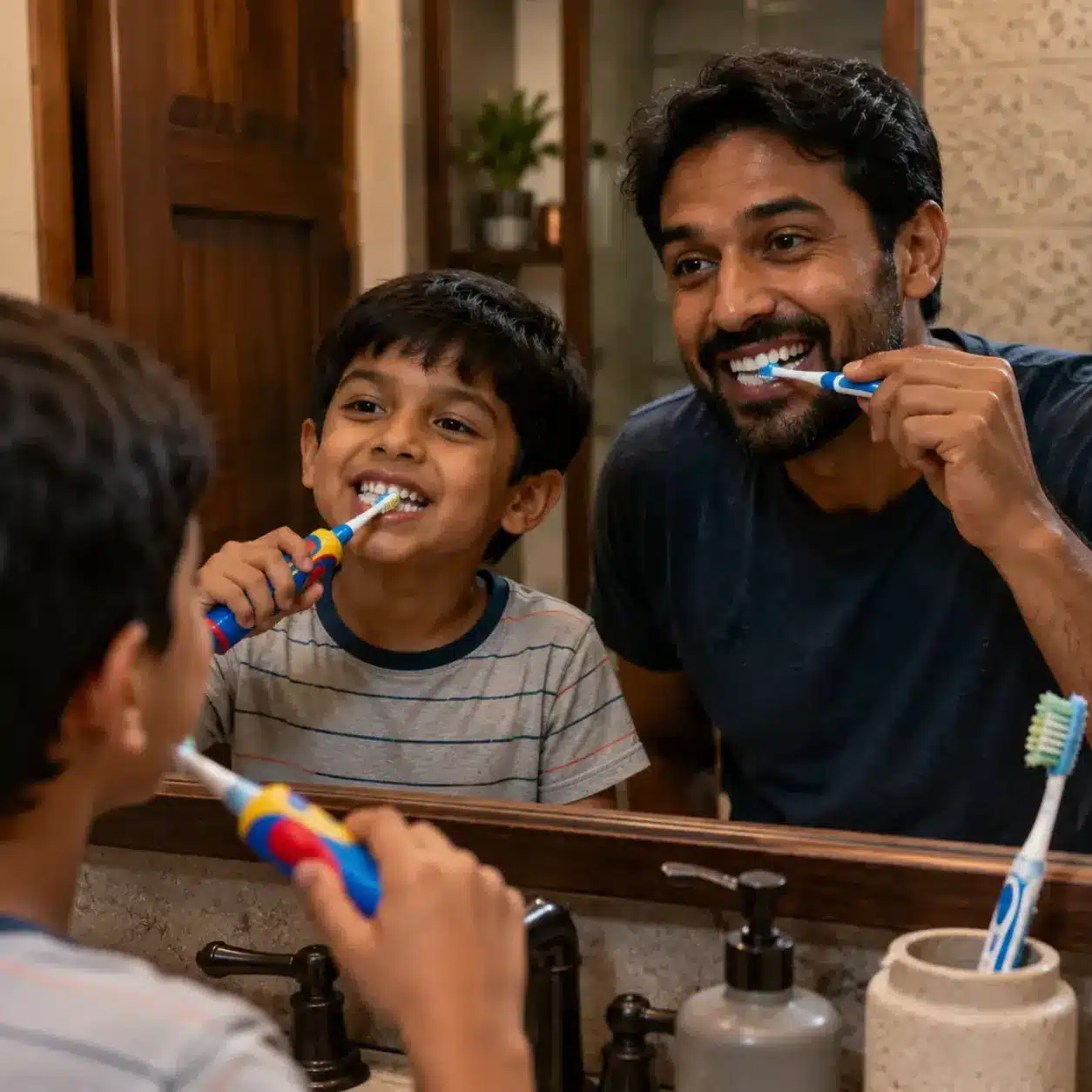South Indian father and child brushing teeth together in a bathroom using manual and electric toothbrushes