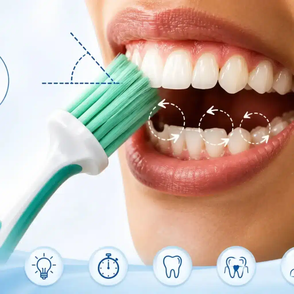 South Indian woman brushing teeth with a two minute sand timer in a modern bathroom