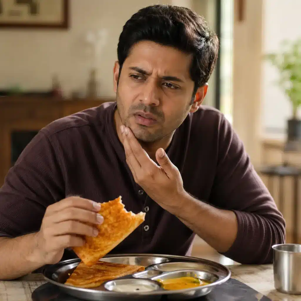 South Indian man holding a crispy dosa and touching his jaw in discomfort while sitting at a dining table in a sunlit home kitchen.