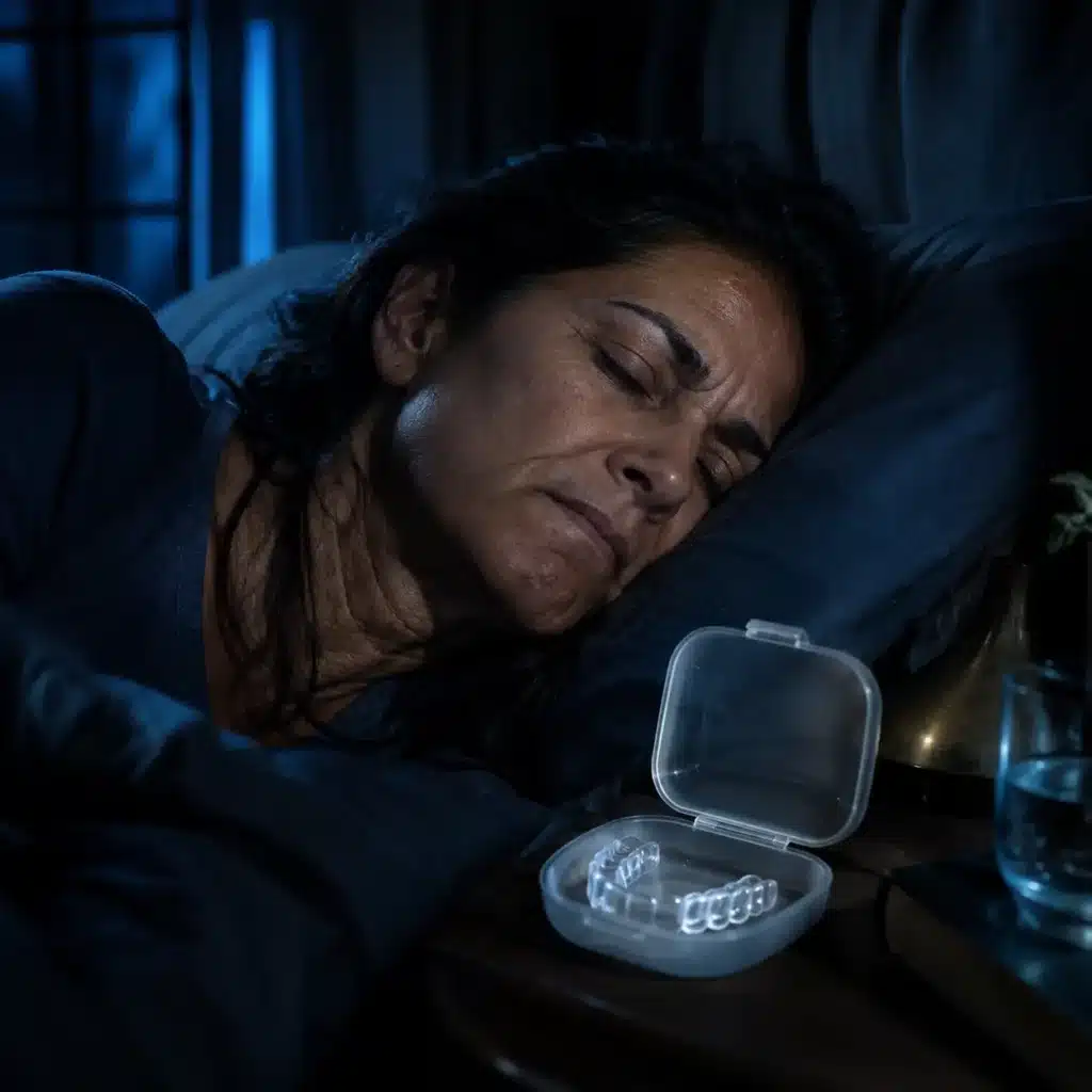 Middle-aged Indian woman clenching her jaw during sleep at night with a dental night guard placed beside her bed in a dimly lit bedroom.