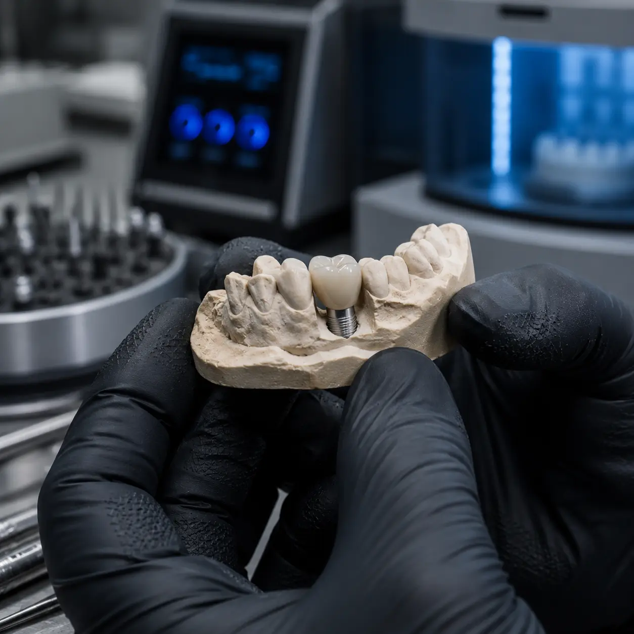 Dental technician wearing black gloves holding a detailed jaw model with a porcelain dental implant crown inside a modern dental laboratory.
