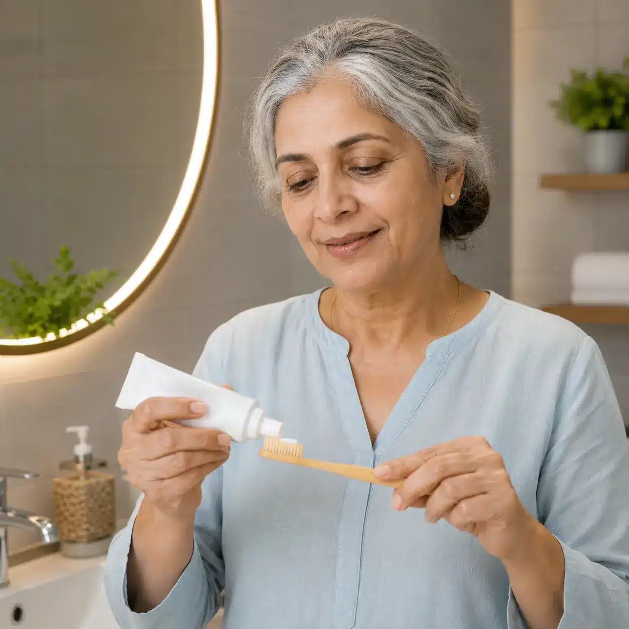 Elderly South Asian woman with silver hair applying toothpaste to a soft toothbrush in a warm modern bathroom during her nighttime oral care routine