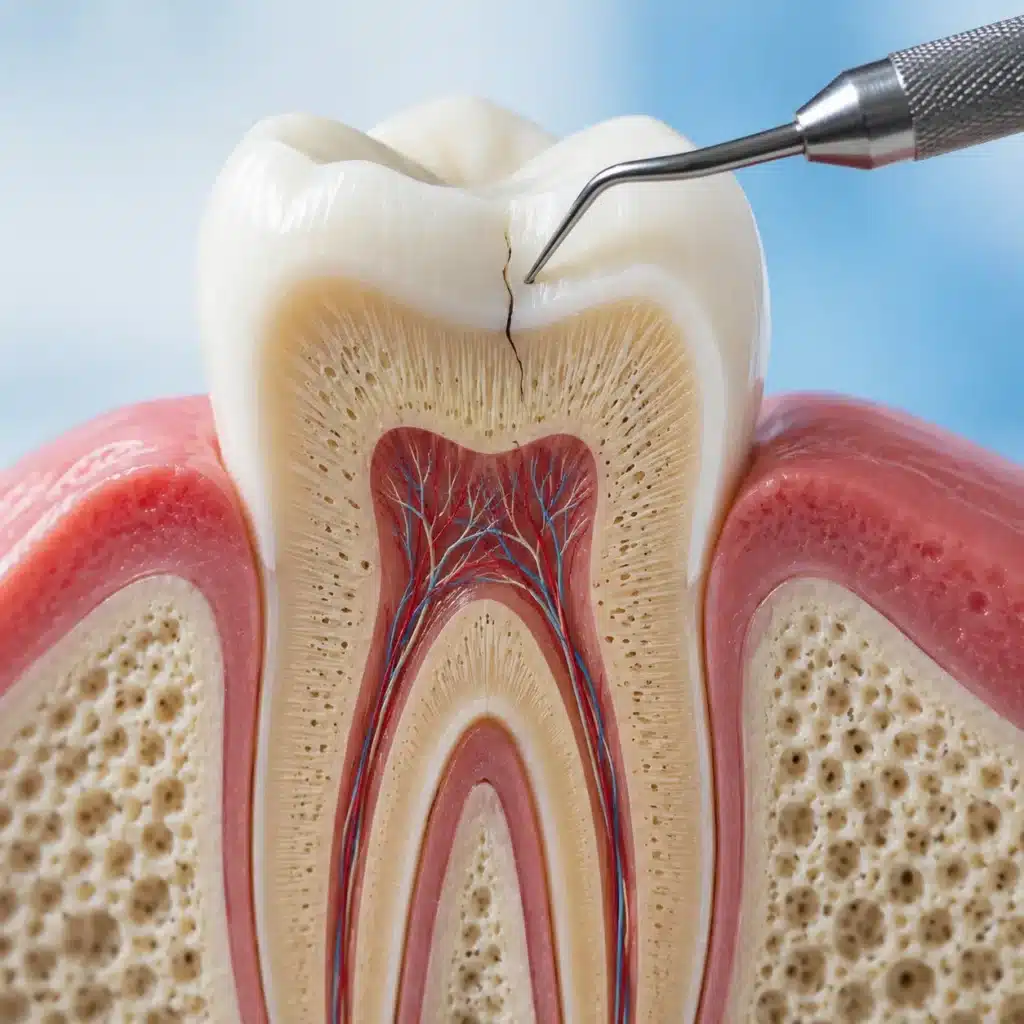 Detailed dental model showing enamel, dentin, nerves, and a cracked molar being examined with a dental instrument against a clinical blue background.