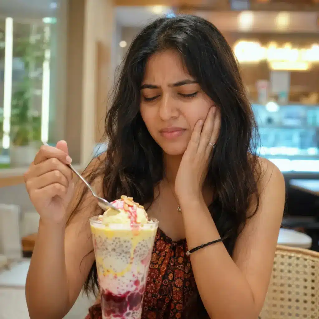 Young South Asian woman experiencing tooth sensitivity while eating cold falooda dessert in a softly lit modern café.