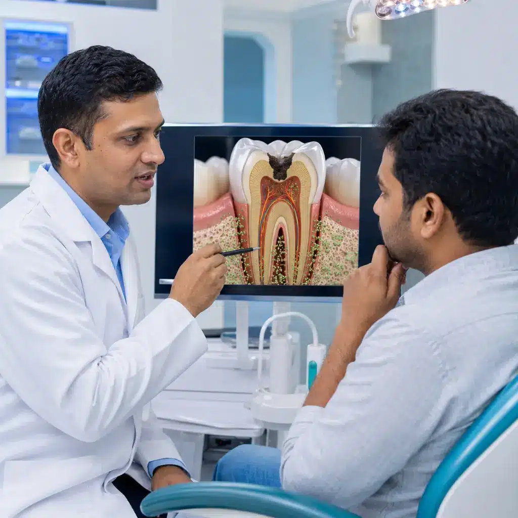 Indian dentist explaining root canal infection using digital tooth model