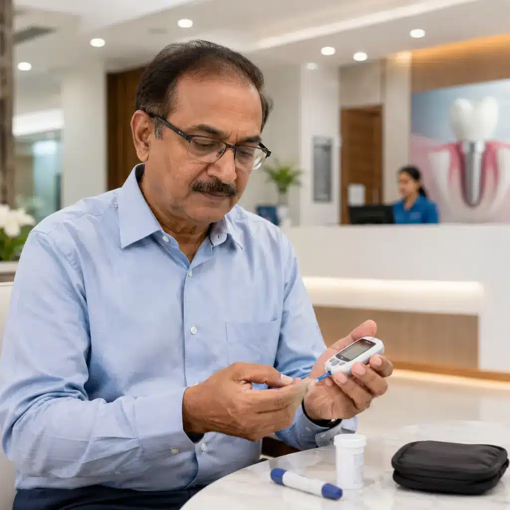An Indian diabetic patient checking blood sugar before a dental implant appointment.