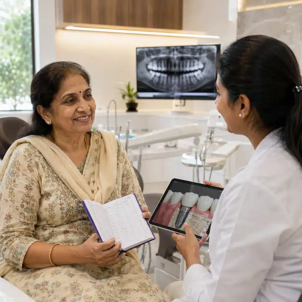 An Indian senior woman smiling after a successful dental implant treatment outcome.