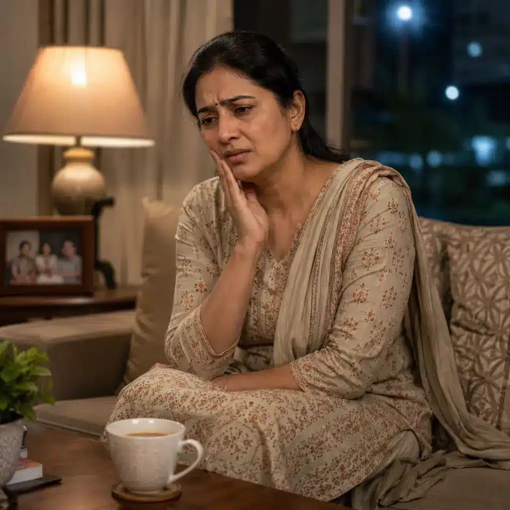 Indian woman experiencing tooth pain at home beside untouched tea.