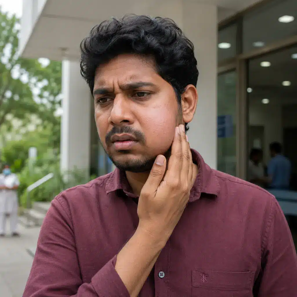 Indian man with facial swelling from untreated tooth infection outside.