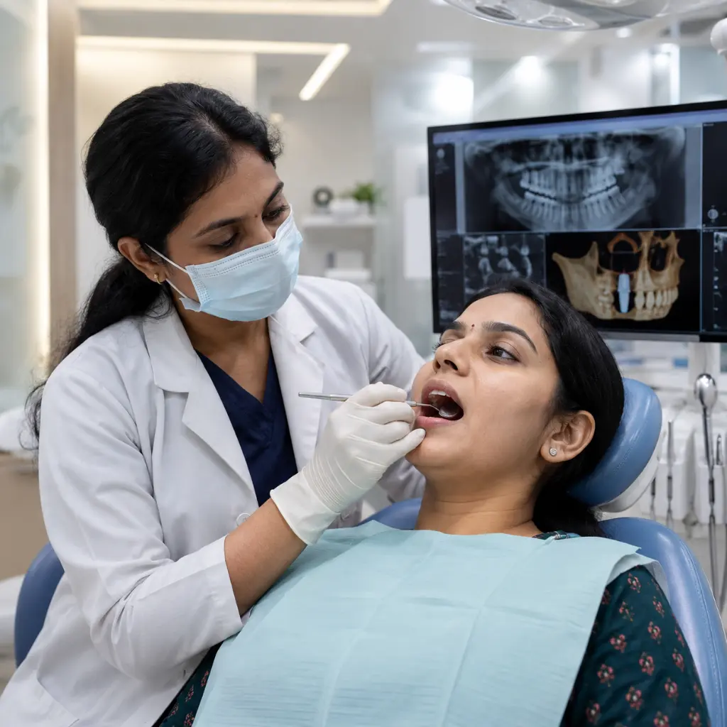 Indian dentist examining healing implant gums during follow-up appointment.
