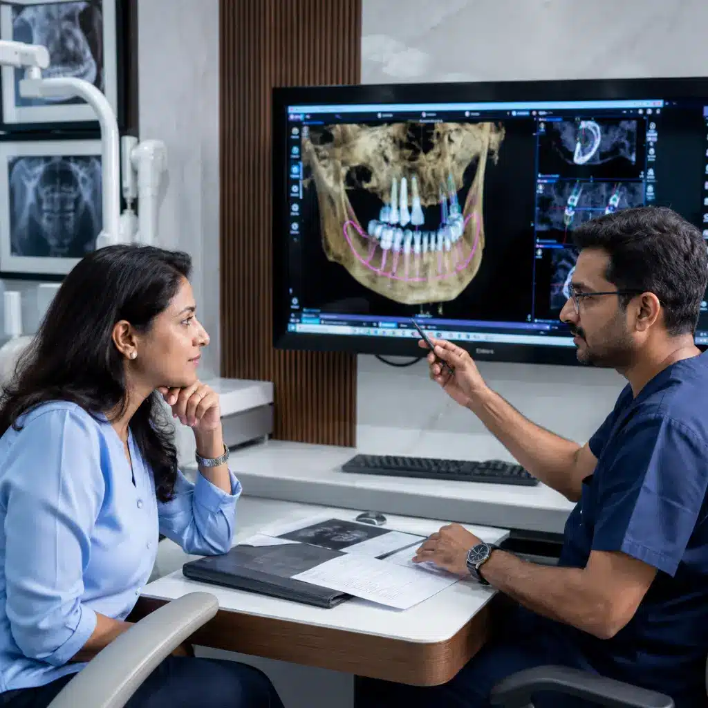 An Indian woman reviewing an advanced 3D jawbone scan for implants